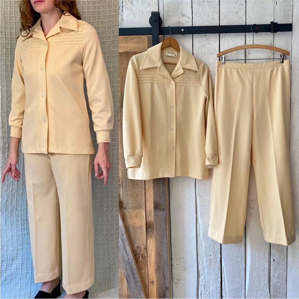 Vintage 70s Disco Beige Retro Polyknit Leisure Pants Suit Fire Islander size M